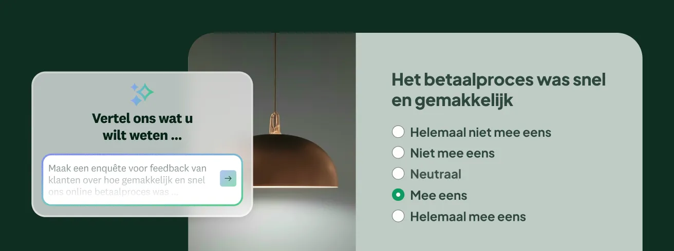 Screenshot van een met AI gemaakte enquête en een tekstvak waarin gebruikers worden gevraagd een opdracht in te voeren over wat ze willen weten