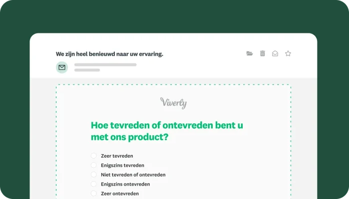 Scherm voor het maken van een enquête, met een enquêtevraag over hoe tevreden of ontevreden u bent met ons product