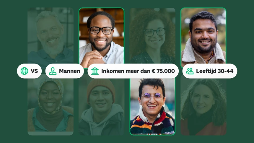 Foto's van verschillende mensen, naast een vak waarin staat: 800 reacties van mannen in de Verenigde Staten met een inkomen van meer dan $ 75.000 en een leeftijd van 30-44 jaar