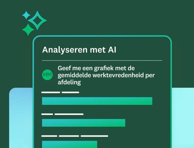 Een deelvenster 'Analyseren met AI' met een prompt voor 'een gemiddelde werktevredenheid per afdeling' met een staafdiagram als resultaat.