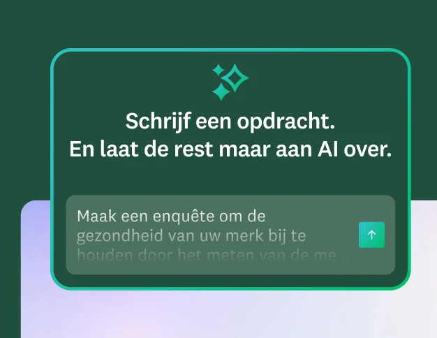 Een afbeelding met een tekstvak met de titel: 'Schrijf een opdracht. En laat de rest maar aan AI over'. De tekst in het vak laat een voorbeeldopdracht zien: 'Maak een enquête om de gezondheid van uw merk bij te houden door het meten van de merkbekendheid, perceptie, overweging en...'
