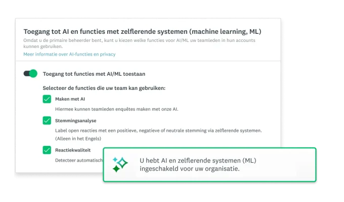 Screenshot van een gebruiker die functies voor AI en zelflerende systemen inschakelt in SurveyMonkey