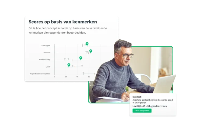 Man die werkt op een laptop naast een grafiek met scores voor kenmerken