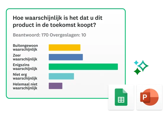 Staafdiagram met de resultaten voor een vraag over hoe waarschijnlijk het is dat u het product in de toekomst koopt, naast pictogrammen van PowerPoint en Excel