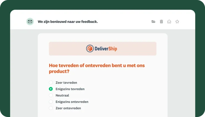 Een e-mailvoorbeeld met een enquête over de tevredenheid met producten van DeliverShip, ingesloten in het bericht.
