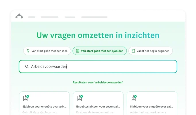 Tekstvak waarin de gebruiker een prompt kan invoeren en de enquête kan beginnen vanuit een sjabloon of een idee, of een nieuw enquête kan maken.