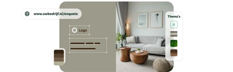 Interface met een opbouwfunctie voor aanpasbare enquêtes met opties voor een aangepast domein, branding met eigen logo en een keuze uit thema's