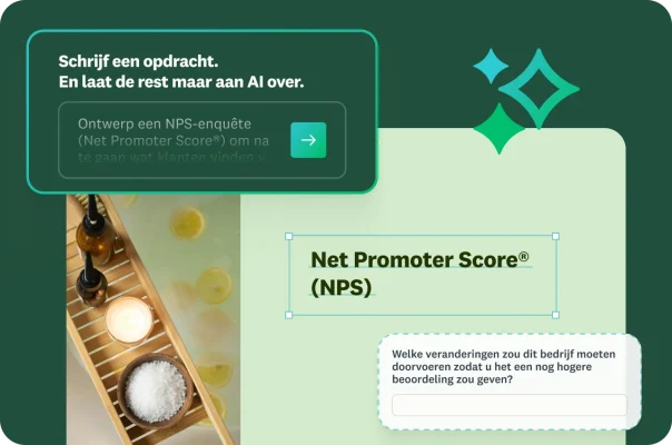 Venster waarin een gebruiker wordt gevraagd een opdracht te schrijven en de rest aan AI over te laten, met de opdracht om een NPS-enquête te ontwerpen over hoe mensen zich voelen, naast een screenshot van een NPS-enquête over welke veranderingen dit bedrijf moet doorvoeren voor een nog hogere score