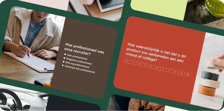 Een collage van verschillende sjablonen voor vragenlijsten. In een wordt gevraagd naar hoe professioneel een recruiter was, een andere vraagt naar de kans dat iemand een product aanbeveelt.