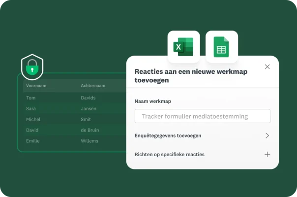 Een beveiligingspictogram naast een formulier met een lijst namen. Een pop-up die vraagt om reacties aan een nieuwe werkmap toe te voegen met opties voor Excel en Google Sheets.