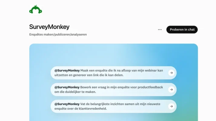 Interface van integratie tussen SurveyMonkey en ChatGPT met promptvoorbeelden om enquêtes te maken, bewerken en samenvatten met AI