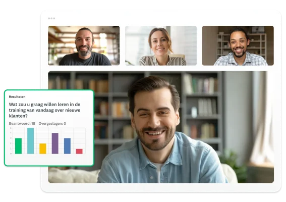 Vier mensen in een Zoom-gesprek, naast een screenshot van een staafdiagram met enquêteresultaten