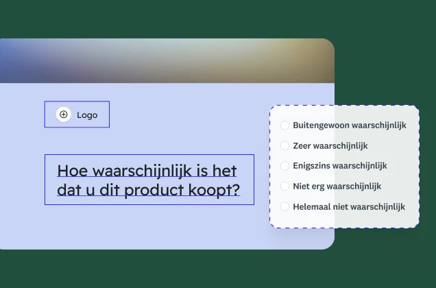 Een enquêteformulier met de vraag: 'Hoe waarschijnlijk is het dat u dit product koopt?' samen met een beoordelingsschaal van vijf punten. Er is een tijdelijke aanduiding voor een logo zichtbaar.