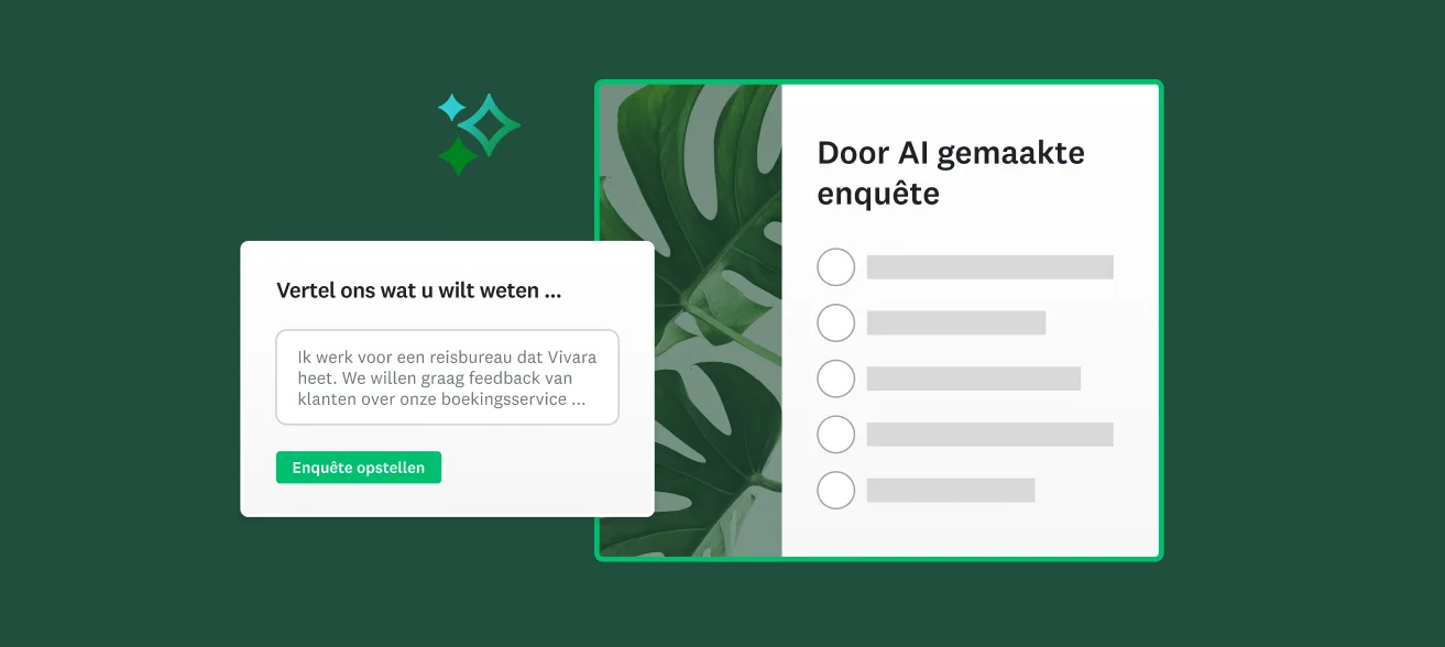 Screenshot van een met AI gemaakte enquête en een tekstvak waarin de gebruiker wordt gevraagd een opdracht in te voeren om een enquête te genereren