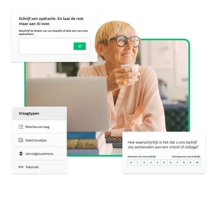 Glimlachende persoon die koffie drinkt met een opengeklapte laptop, naast verschillende screenshots vanuit een SurveyMonkey-product