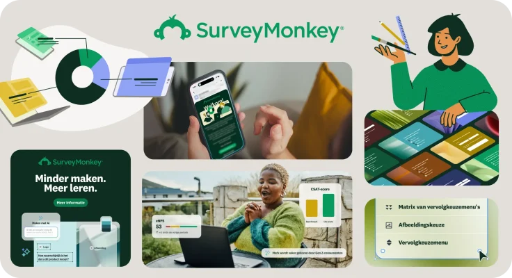 Dashboard met voorbeelden van SurveyMonkeys nieuwe visuele identiteit