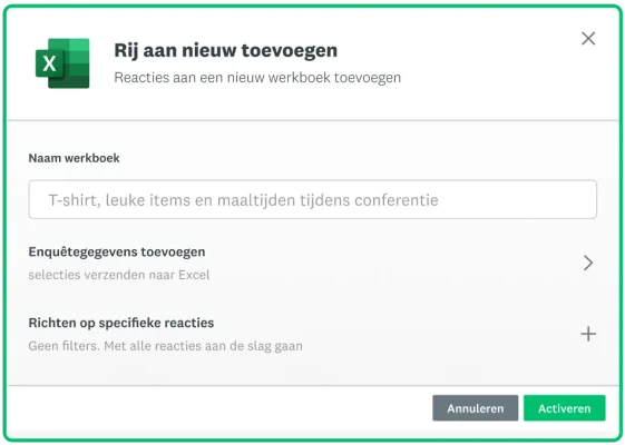 Screenshot in het product die laat zien hoe u een rij toevoegt aan een werkblad in Microsoft Excel via SurveyMonkey Connect
