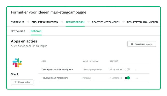 Screenshot in het product van SurveyMonkey met de Slack-app die beschikbaar is via SurveyMonkey