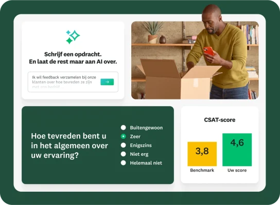 Venster waarin een gebruiker wordt geïnstrueerd een opdracht te schrijven en de rest aan AI over te laten. De input is dat ik feedback wil verzamelen van klanten over de algehele tevredenheid met ons bedrijf, naast een enquêtevraag over hoe tevreden u in het algemeen bent met uw ervaring, naast een staafdiagram voor een CSAT-score met een benchmark in vergelijking tot uw score.