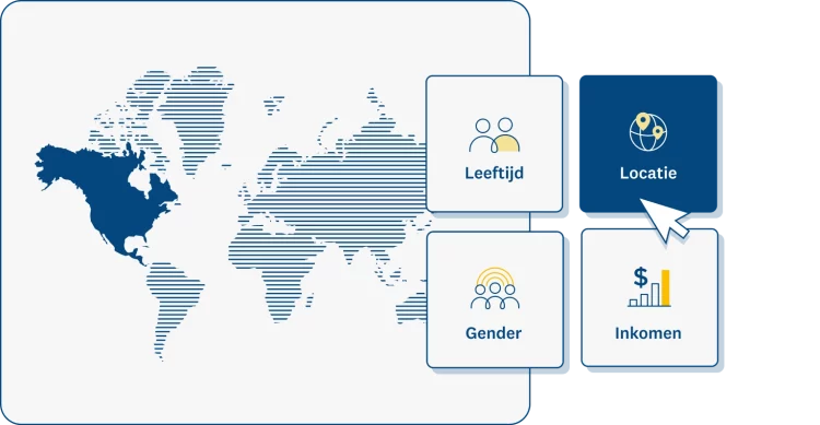 Afbeelding van een wereldkaart naast opties voor demografische afstemming, zoals leeftijd, inkomen van huishouden, gender en locatie