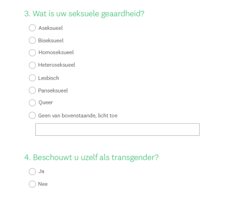 Screenshot van twee enquêtevragen: "Wat is uw seksuele geaardheid? Beschouwt u uzelf als transgender?"
