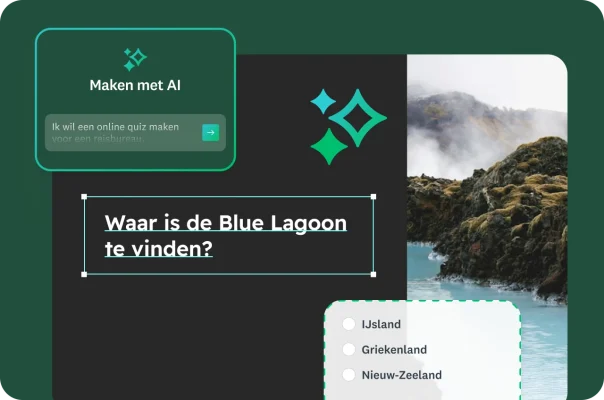 Een foto van de Blue Lagoon met een overlay van een vraag uit een reisquiz en een AI-opdracht om een quiz te maken.