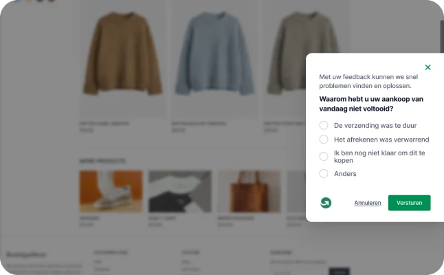 Een pagina met een productcatalogus op een e-commercesite met een geactiveerde enquête voor de exitintentie van GetFeedback waarin wordt gevraagd waarom de gebruiker zonder een aankoop weggaat