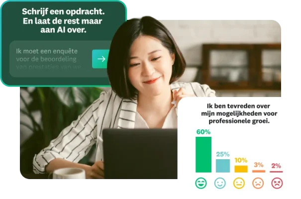 Een vrouw aan een bureau kijkt naar een laptop met een pop-up met een AI-opdracht en een enquêtediagram.