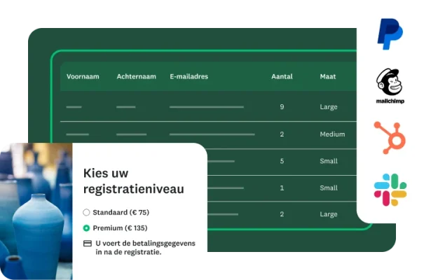 Een scherm met de opties voor evenementregistratie, een tabel met gegevens van aanwezigen en integratielogo's.