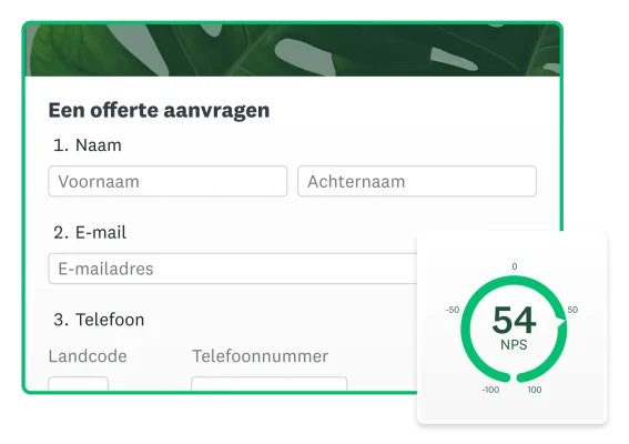 Een productscreenshot van een formulier voor offerte aanvragen en een NPS-score