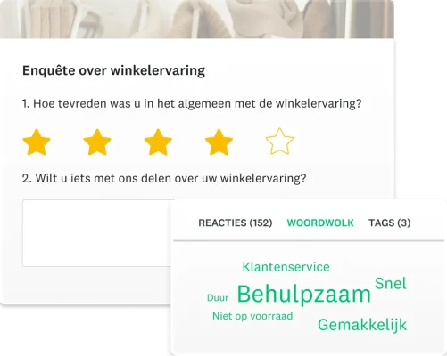 Screenshot van een enquête van SurveyMonkey over de winkelervaring, waarin wordt gevraagd naar de tevredenheid in het algemeen over de winkelervaring en eventuele andere informatie. Ernaast een screenshot met een woordwolk van reacties.