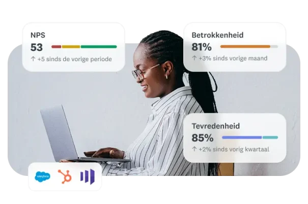 Vrouw die typt op een laptop, naast statistieken over betrokkenheid en tevredenheid, en een stijgende eNPS