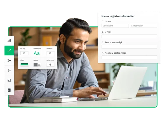 Lachende man die een laptop gebruikt naast screenshots van een SurveyMonkey-registratieformulier en opties voor het maken van een formulier, zoals het aanpassen van logo's, lettertypen, kleuren en meer