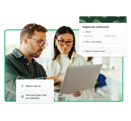 Mannelijke en vrouwelijke medewerkers die naar een laptop kijken, naast een screenshot van een registratieformulier van SurveyMonkey voor een conferentie