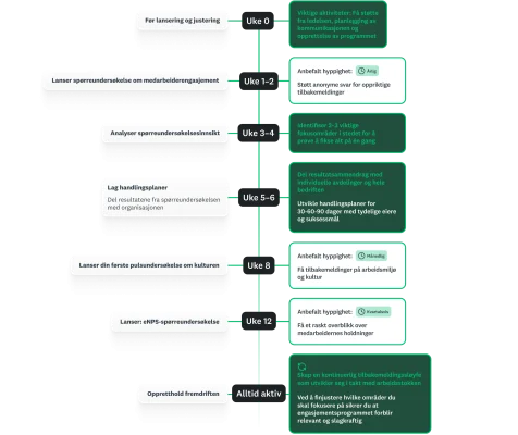 Infografikk av et 90-dagers veikart, som viser trinnene for hver uke for utsending av spørreundersøkelser, analyse og de neste trinnene