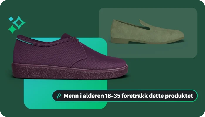 En grafikk som viser to sko. I en tekstboks står det «Menn i alderen 18–35 foretrakk dette produktet», noe som antyder en spesifikk demografisk innsikt.