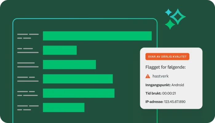 En grafikk med et søylediagram. Et overlegg som viser advarselen «SVAR AV DÅRLIG KVALITET», flagget for «hastverk» og gir detaljer som inngangspunkt, tid brukt og IP-adresse.