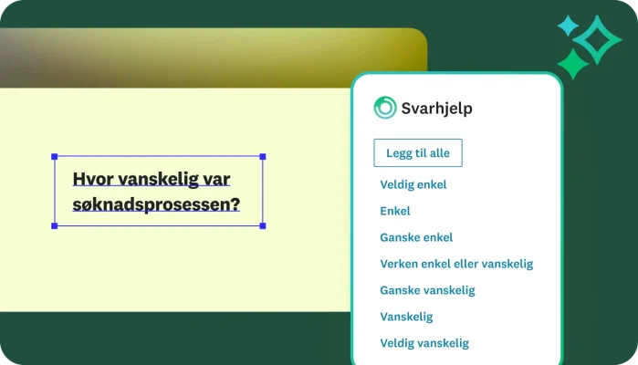 Et grensesnittbilde fra opprettingsverktøyet for spørreundersøkelser viser spørsmålet «Hvor vanskelig var søknadsprosessen?» Til høyre ser du et «Answer Genius»-panel som foreslår en flerpunkts skala som går fra «Veldig enkel» til «Veldig vanskelig».