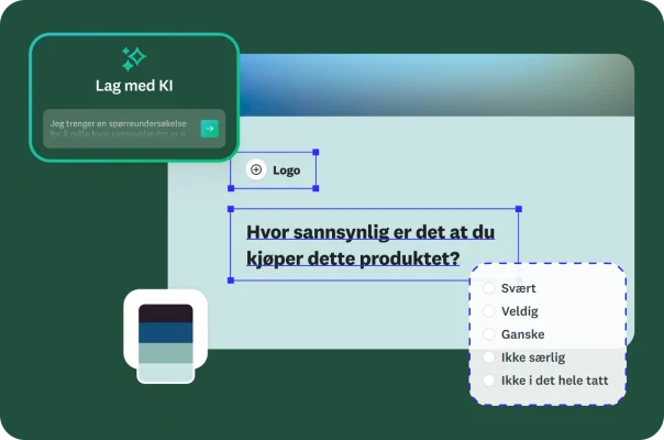 Et brukergrensesnitt for å lage spørreundersøkelser med KI. En tekstboks foreslår å lage en spørreundersøkelse for å «måle hvor sannsynlig det er at kunder» vil kjøpe et produkt. Spørreundersøkelsesskjemaet viser et spørsmål som spør: «Hvor sannsynlig er det at du ville kjøpt dette produktet?» med en fempunkts-skala.
