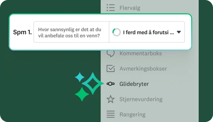 Et spørreundersøkelsesspørsmål som spør: «Hvor sannsynlig er det at du vil anbefale oss til en venn?» En meny på siden viser ulike spørsmålstyper, som «Flervalg», «Avmerkingsbokser» og «Glidebryter». En innlastingsanimasjon vises der det står «I ferd med å forutsi ...»