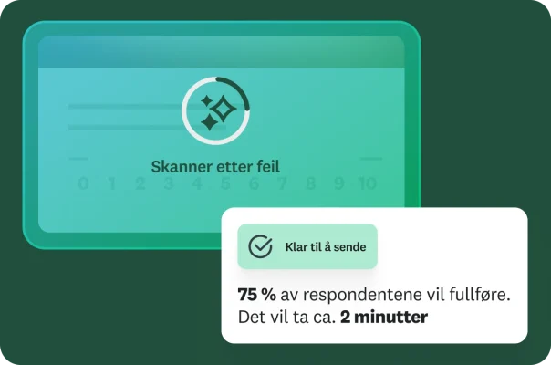 En grafikk som viser en spørreundersøkelse der de «Skanner etter feil». Et popup-vindu bekrefter «Klar til å sende» og anslår at «75 % av respondentene vil fullføre» om «ca. 2 minutter».