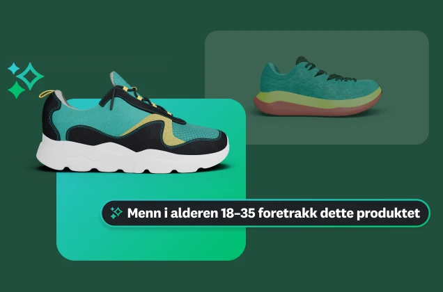 En grafikk som viser et par joggesko. I en tekstboks står det «Menn i alderen 18–35 foretrakk dette produktet», som fremhever en spesifikk demografisk innsikt.