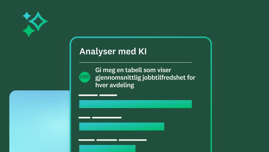 En skjerm som viser en instruks for KI-analyse for å generere en tabell med gjennomsnittlig jobbtilfredshet for hver avdeling.