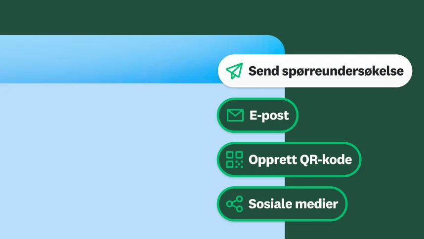 En meny som viser alternativer for å sende en spørreundersøkelse via e-post, lage en QR-kode eller sosiale medier.