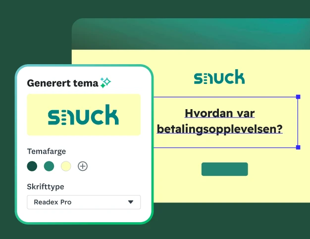 Et skjermbilde for oppretting av spørreundersøkelser som viser et automatisk generert tema basert på snuck-logoen, med alternativer for å velge temafarge og skrifttype.