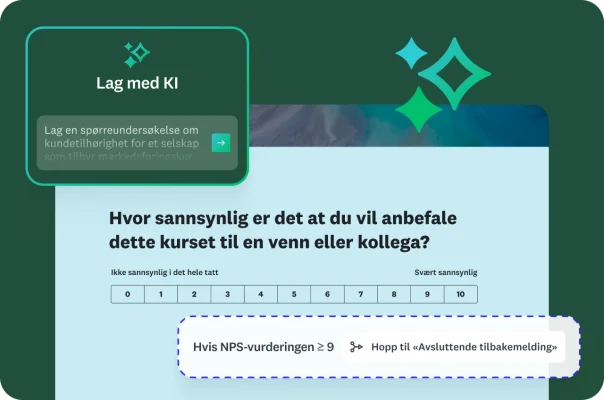Et anbefalingsspørsmål for NPS med forgrening og en KI-instruks for å lage en spørreundersøkelse om kundetilhørighet.