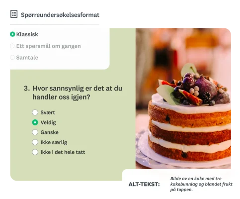 En spørreundersøkelsesskjem som viser bilde av en kake med alt-tekst, ved siden av alternativer for format på spørreundersøkelse (klassisk, ett spørsmål om gangen, samtale).