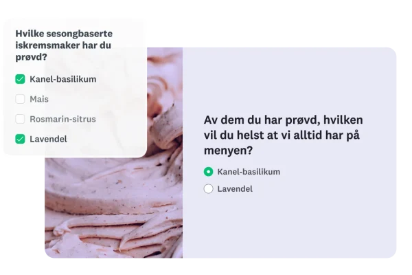 En spørreundersøkelse som viser gjenbruk, der de valgte sesongbaserte iskremsmakene (kanel-basilikum, lavendel) tas med til oppfølgingsspørsmålet.