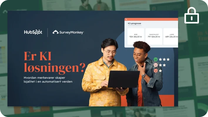 Et presentasjonslysbilde med tittelen «Er KI løsningen? Hvordan merkevarer skaper lojalitet i en automatisert verden» Lysbildet har et foto av to menn som ser på en bærbar PC, med grafikk som viser en KI-prognose og kundenes holdningsvurderinger.