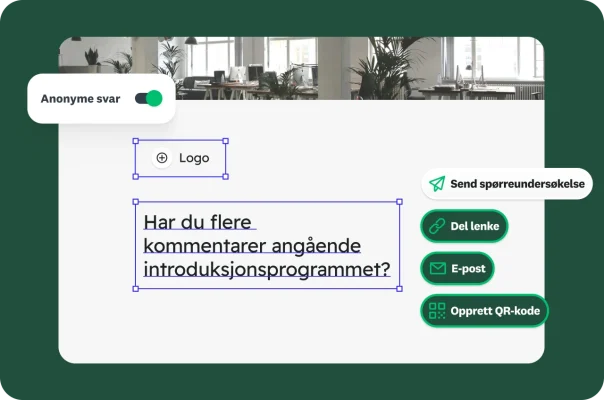 Et skjermbilde av opprettelse av spørreundersøkelse om medarbeiderintroduksjon, med alternativer for å sende, dele og gjøre svar anonyme.